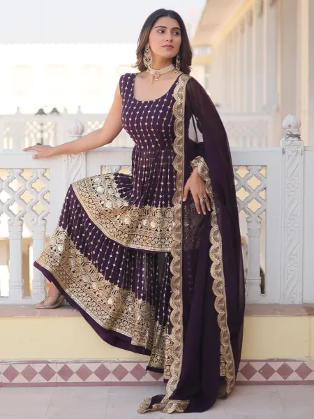 Wine Gharara Set With Top and Dupatta in Georgette With Sequence Embroidery