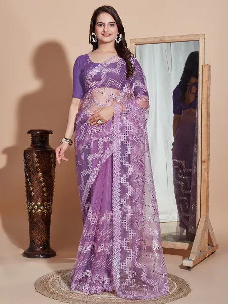 Lavender Saree in Soft Net With Beautiful Sequence Work Indian Sari