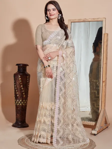 Cream Saree in Soft Net With Beautiful Sequence Work Indian Sari