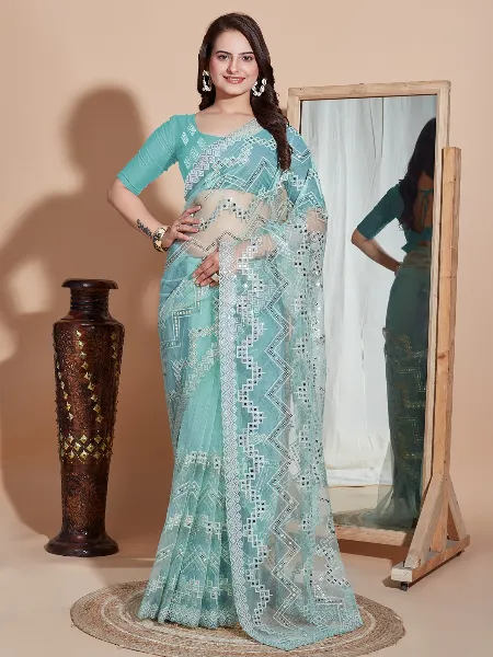 Sea Green Saree in Soft Net With Beautiful Sequence Work Indian Sari