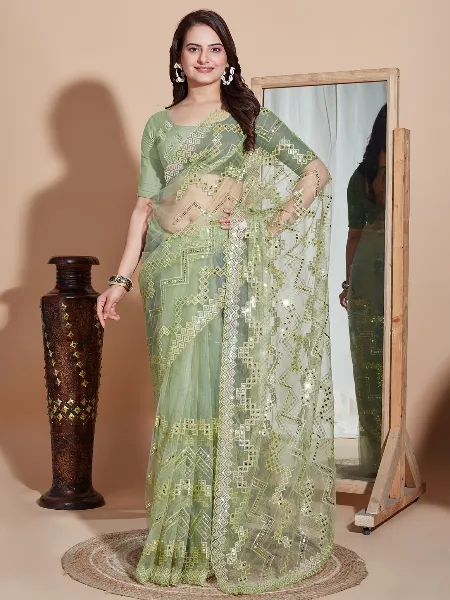 Parrot Saree in Soft Net With Beautiful Sequence Work Indian Sari