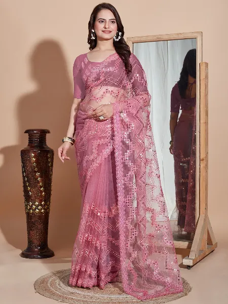 Pink Saree in Soft Net With Beautiful Sequence Work Indian Sari