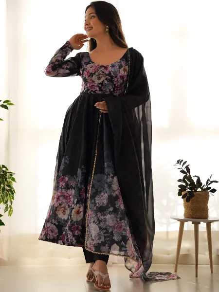 Black Pure Soft Organza Gown With Pent and Dupatta With Digital Print