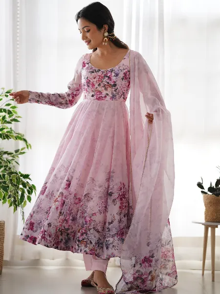 Light Pink Pure Soft Organza Gown With Pent and Dupatta With Digital Print