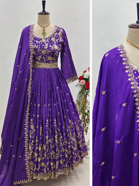 Purple Color Satin Gown With Sequins Embroidery Work and Dupatta