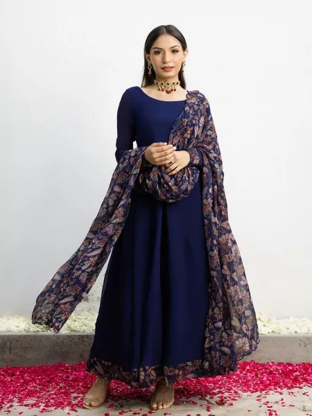 Navy Blue Color Georgette Party Wear Gown With Printed Dupatta Set