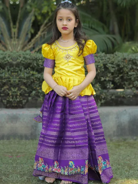 Purple and Yellow Kids Lehenga Choli With Zari Weaving Indian Kids Lehenga