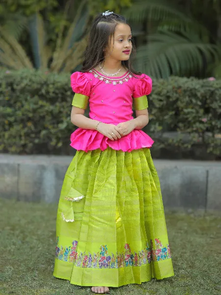 Pink and Parrot Kids Lehenga Choli With Zari Weaving Indian Kids Lehenga