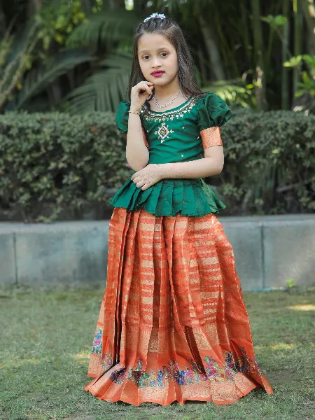 Green and Orange Kids Lehenga Choli With Zari Weaving Indian Kids Lehenga