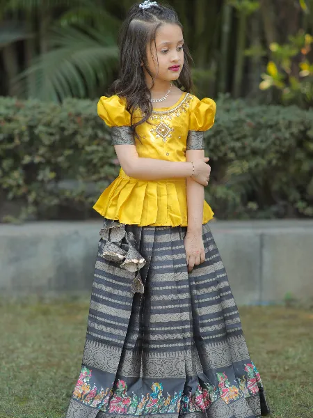 Yellow Color Heavy Chinon Silk Floral Printed Kids Lehenga Choli | Exotic  India Art