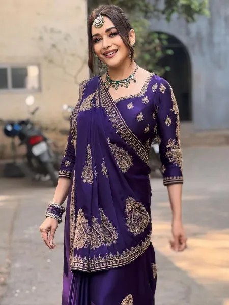 Madhuri Dixit Purple Color Saree in Georgette With Embroidery Work