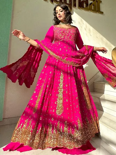 Pink Anarkali Suit With Palazzo and Dupatta in Georgette With Embroidery Work
