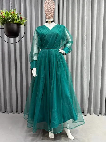 Green Color Soft Butterfly Net Gown With 10 Meter Flair and Fancy Neck