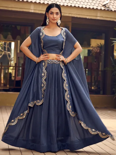 Grey Ready to Wear Lehenga Choli With Shrug and Sequence Embroidery