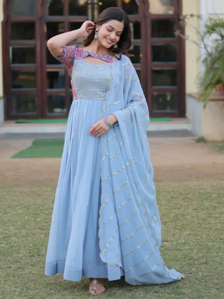 Sky Blue Color Designer Gown in Georgette With Sequins and Print Work