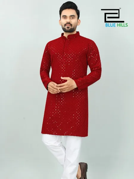 Maroon Traditional Men's Kurta Pajama Set in Rayon With Sequence Embroidery