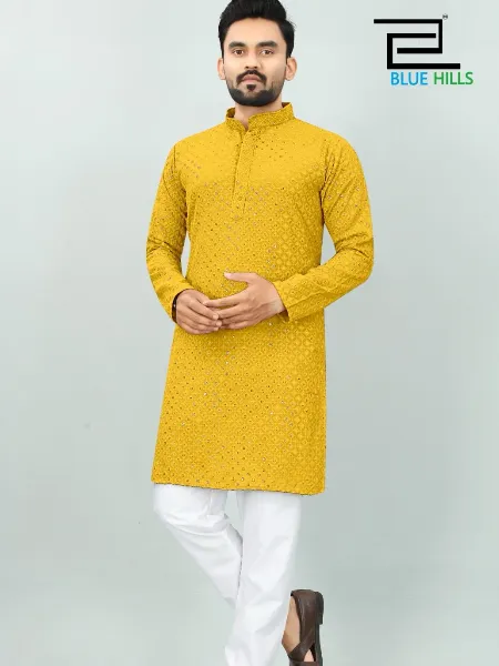 Yellow Traditional Men's Kurta Pajama Set in Rayon With Sequence Embroidery
