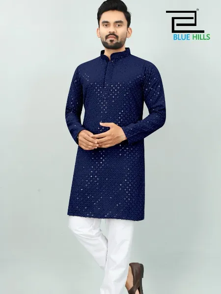Navy Blue Traditional Men's Kurta Pajama Set in Rayon With Sequence Embroidery