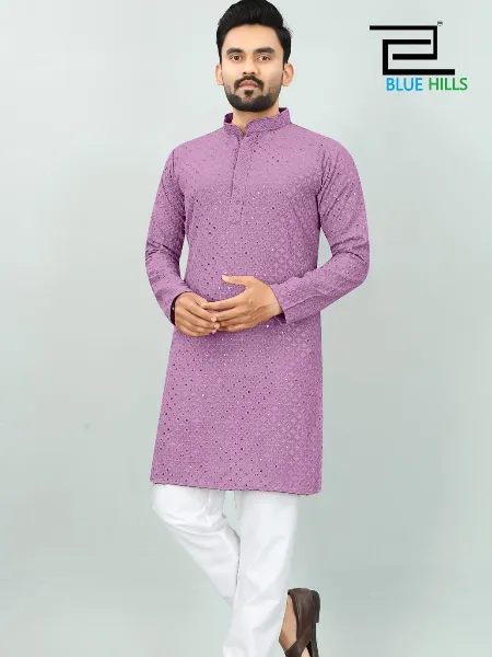 Pastel Pink Traditional Men's Kurta Pajama Set in Rayon With Sequence Embroidery