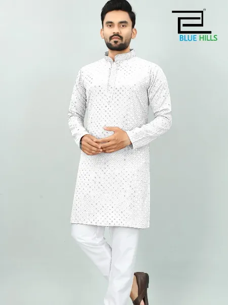 White Traditional Men's Kurta Pajama Set in Rayon With Sequence Embroidery