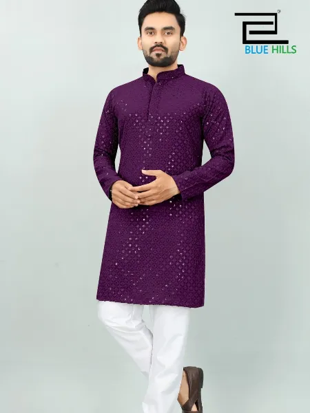 Wine Traditional Men's Kurta Pajama Set in Rayon With Sequence Embroidery