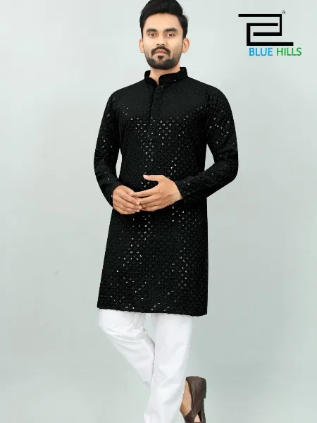 Black Traditional Men's Kurta Pajama Set in Rayon With Sequence Embroidery