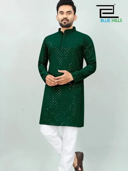 Green Traditional Men's Kurta Pajama Set in Rayon With Sequence Embroidery