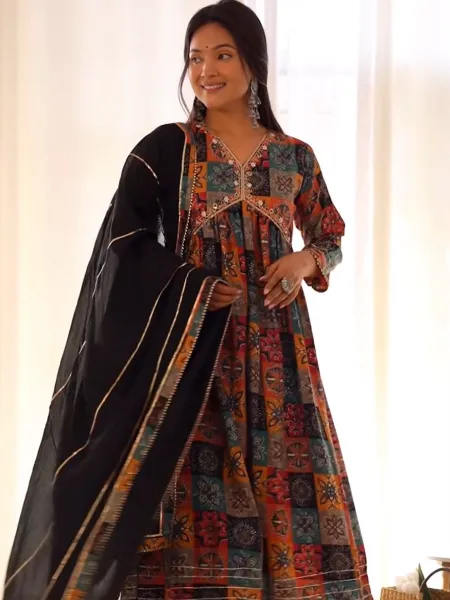 Multi Color Crepe Gown With Dupatta and Pant With Digital Print Work