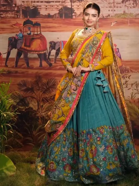 Rama Color Ready to Wear Lehenga Choli With Kalamkari Print and Dupatta