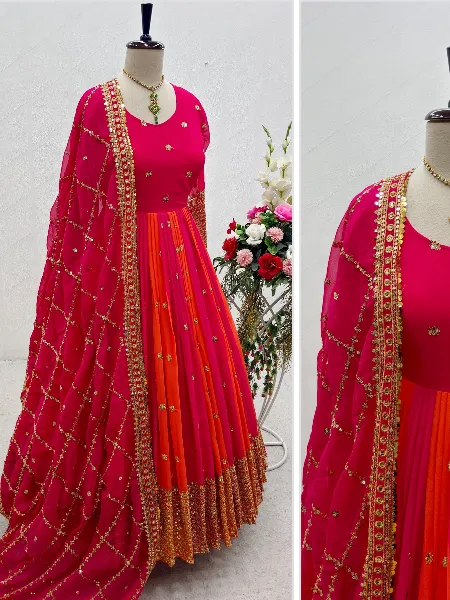 Pink and Orange Color Georgette Gown With Sequins Embroidery Work and Dupatta
