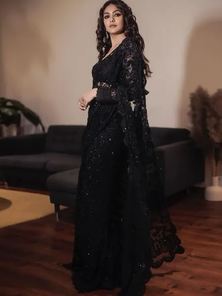 Mrunal Thakur Saree in Black Color Soft Net with Sequins Embroidery Work