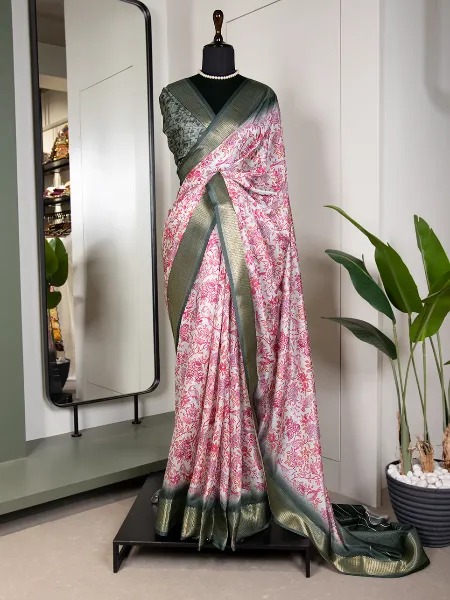 Pink Color Dola Silk Saree With Print and Zari Weaving Border With Blouse