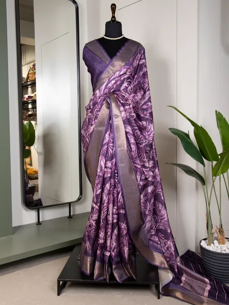 Purple Color Dola Silk Saree With Print and Zari Weaving Border With Blouse