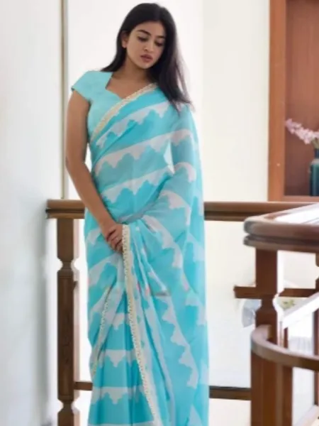 Sky Blue Saree in Georgette With Digital Print for Party and Daily Wear