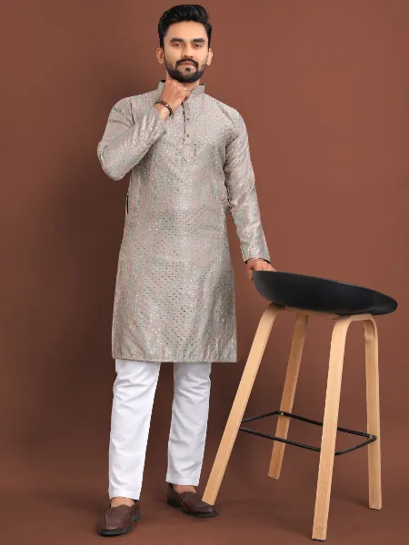 Grey Men's Kurta Pajama Set in Silk With Colorful Embroidery and Sequins