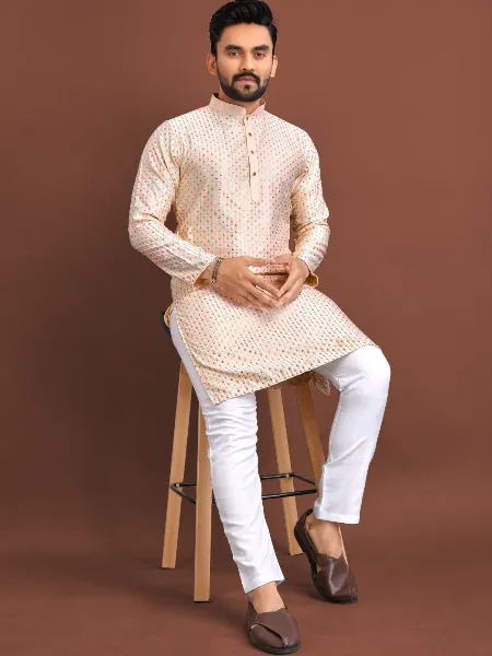 Peach Men's Kurta Pajama Set in Silk With Colorful Embroidery and Sequins