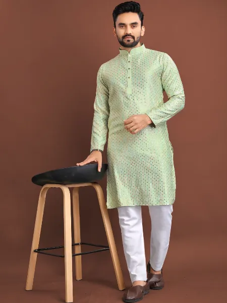 Pista Men's Kurta Pajama Set in Silk With Colorful Embroidery and Sequins