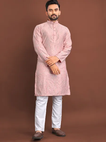Pink Men's Kurta Pajama Set in Silk With Colorful Embroidery and Sequins