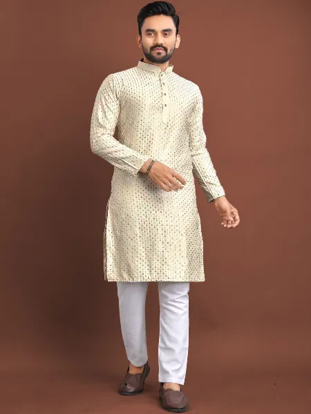 Cream Men's Kurta Pajama Set in Silk With Colorful Embroidery and Sequins