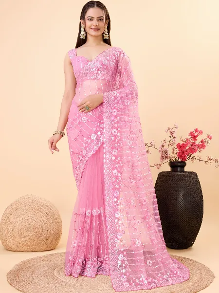 Pink Soft Net Saree With Beautiful Sequence Work and Blouse Indian Sari