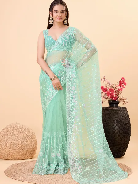 Sea Green Soft Net Saree With Beautiful Sequence Work and Blouse Indian Sari