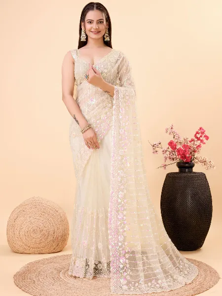 Cream Soft Net Saree With Beautiful Sequence Work and Blouse Indian Sari