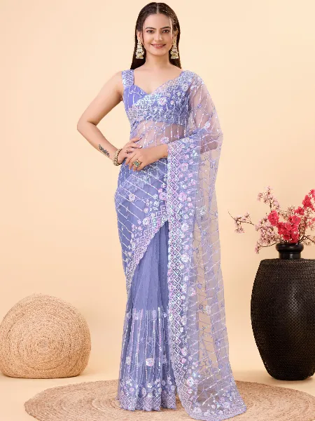 Lavender Soft Net Saree With Beautiful Sequence Work and Blouse Indian Sari