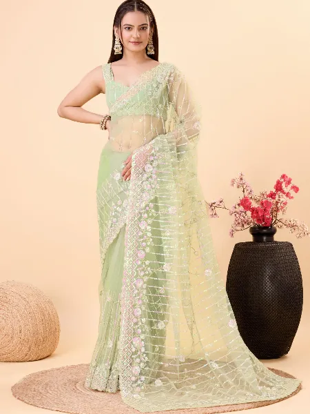 Light Green Soft Net Saree With Beautiful Sequence Work and Blouse Indian Sari