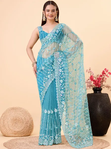 Blue Soft Net Saree With Beautiful Sequence Work and Blouse Indian Sari