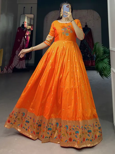 Orange Jacquard Silk Gown With Beautiful Bird Weaving Work Ready to Wear Gown