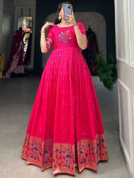 Pink Jacquard Silk Gown With Beautiful Bird Weaving Work Ready to Wear Gown
