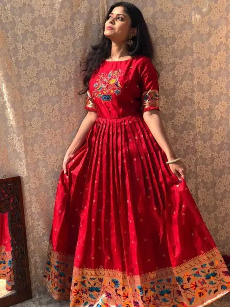 Red Jacquard Silk Gown With Beautiful Bird Weaving Work Ready to Wear Gown