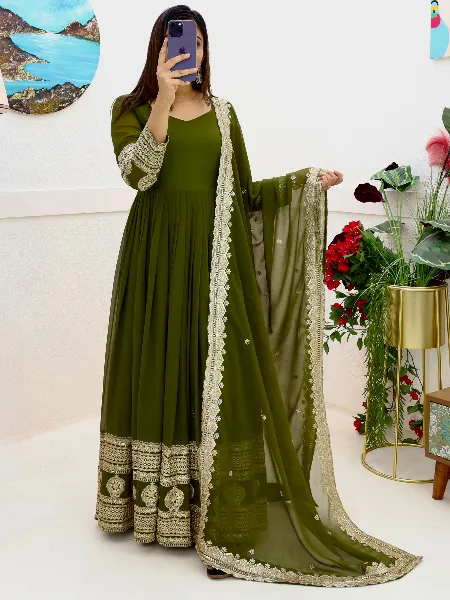 Mehendi Gown in Georgette With Dupatta Indian Designer Gown With Embroidery