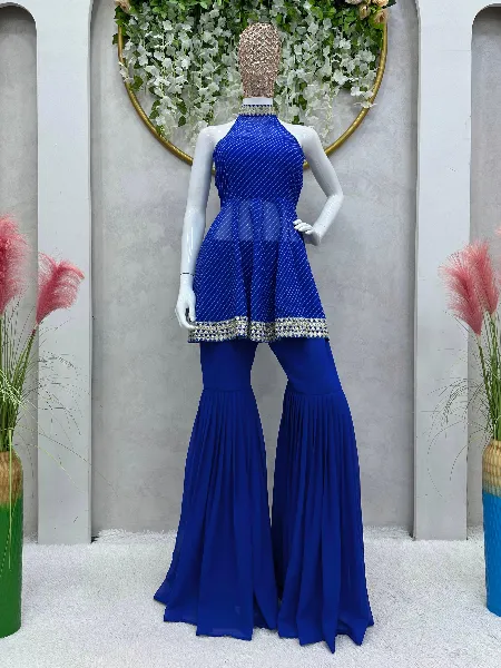 Royal Blue Fancy Top and Sharara Suit With Digital Print Party Wear Sharara